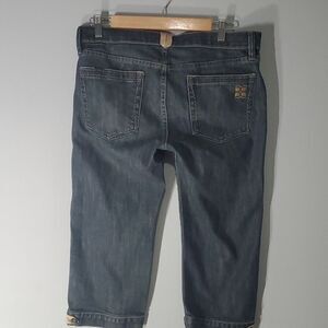 Bcbgmaxazria jeans women's size 31 blue cream / tan accent stitching capri